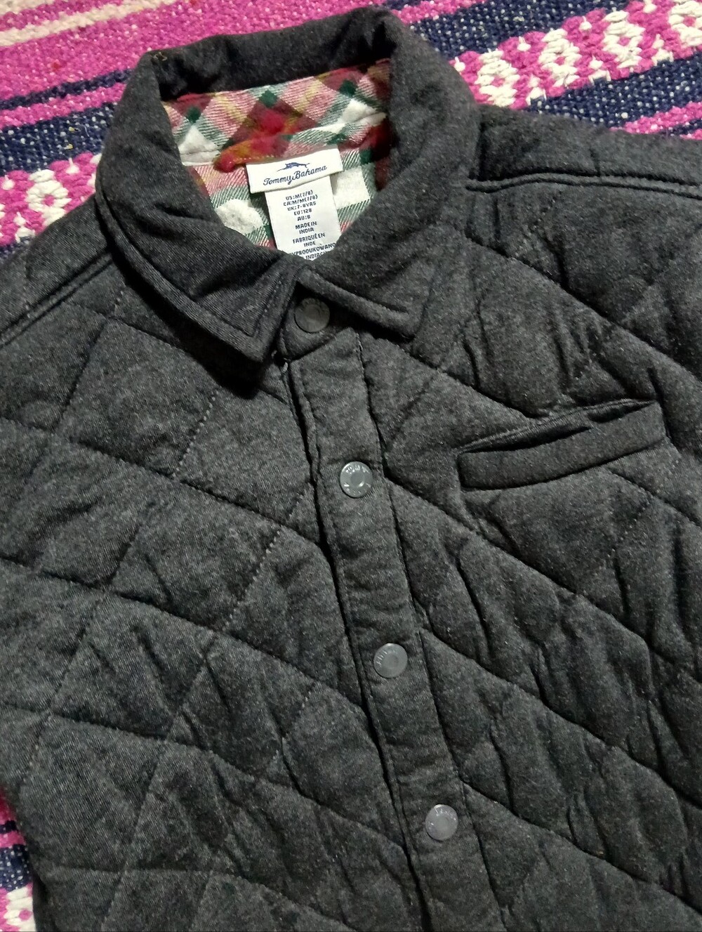 TOMMY BAHAMA Black QUILTED Lined Full Snap Shacket JACKET Boys Medium 7/8